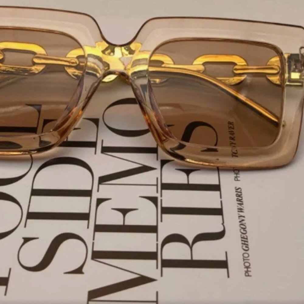 Oversized Geometric Sunglasses, Vintage-Inspired-(Clear Amber Colored Frame)